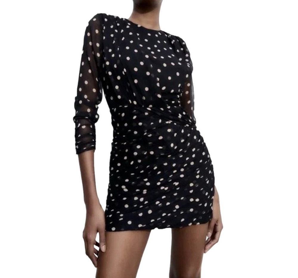 NWT ZARA Draped Shirred Ruched Polka Dot Long Sleeve Mini Dress Black Ivory XS